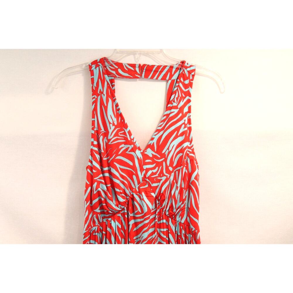 Womens Rayon Maxi Dress size M Red Blue Lined Geometric Smocked Back Boho Chic - Picture 5 of 11